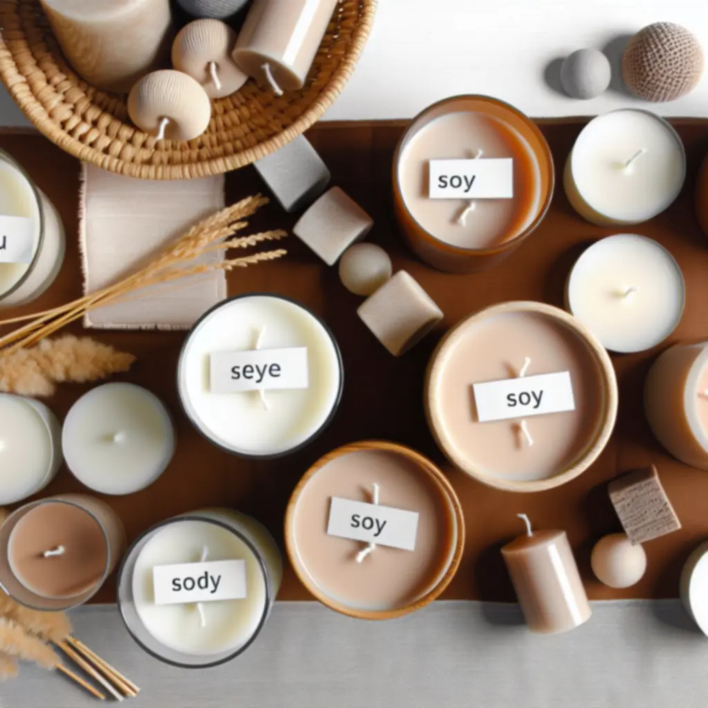 Starannie ułożona kolekcja świec sojowych Homearomio w różnych kształtach i rozmiarach