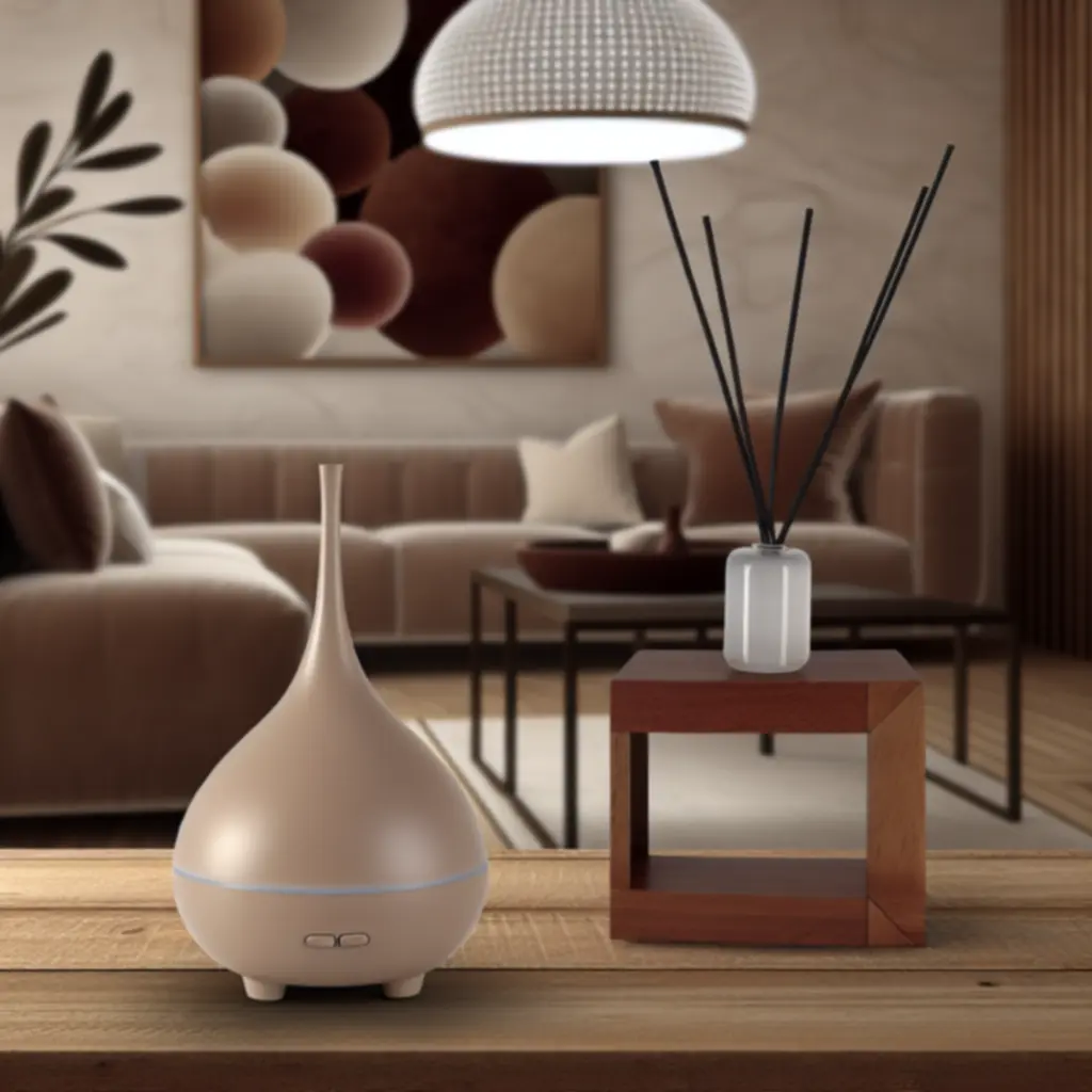 Elegancka aranżacja dyfuzora zapachowego w spokojnym, domowym wnętrzu