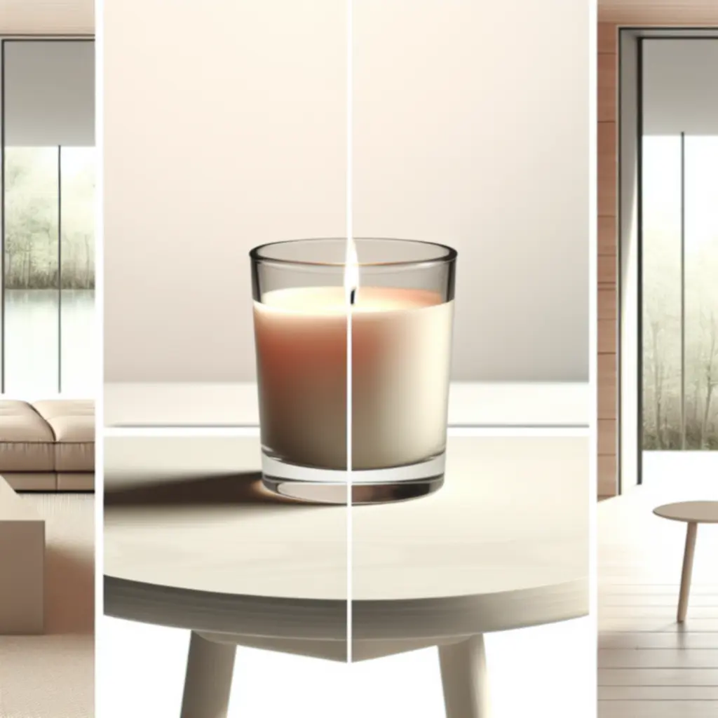 Nastrojowa świeca sojowa Homearomio zapalona we wnętrzu o spokojnej, przytulnej aranżacji