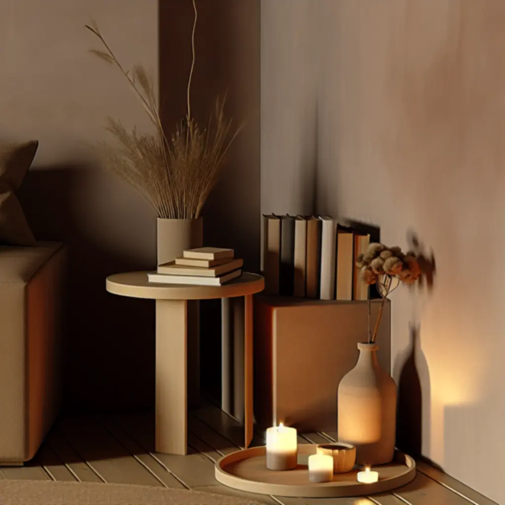 Przytulny salon z elegancko zaaranżowanymi świecami sojowymi na stoliku kawowym