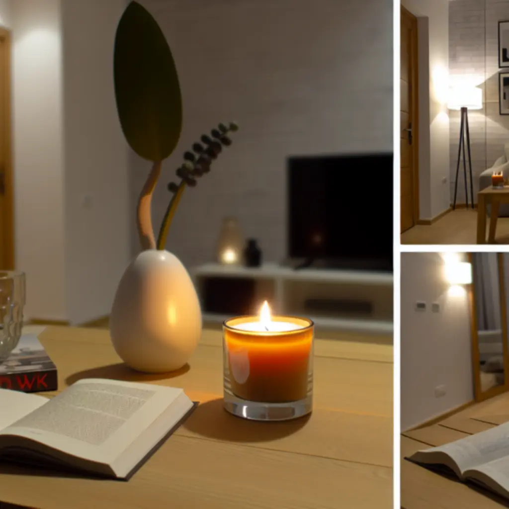 Świeca zapachowa Homearomio ustawiona na drewnianym stoliku w przytulnym salonie